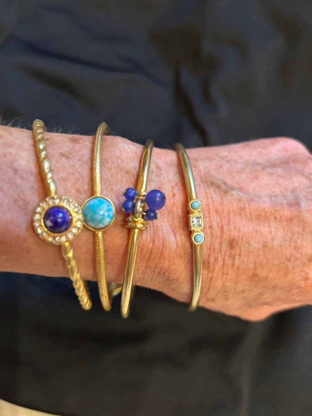 Gold Tone Stacked Gemstone Bangle Bracelet Set - Blue and Turquoise